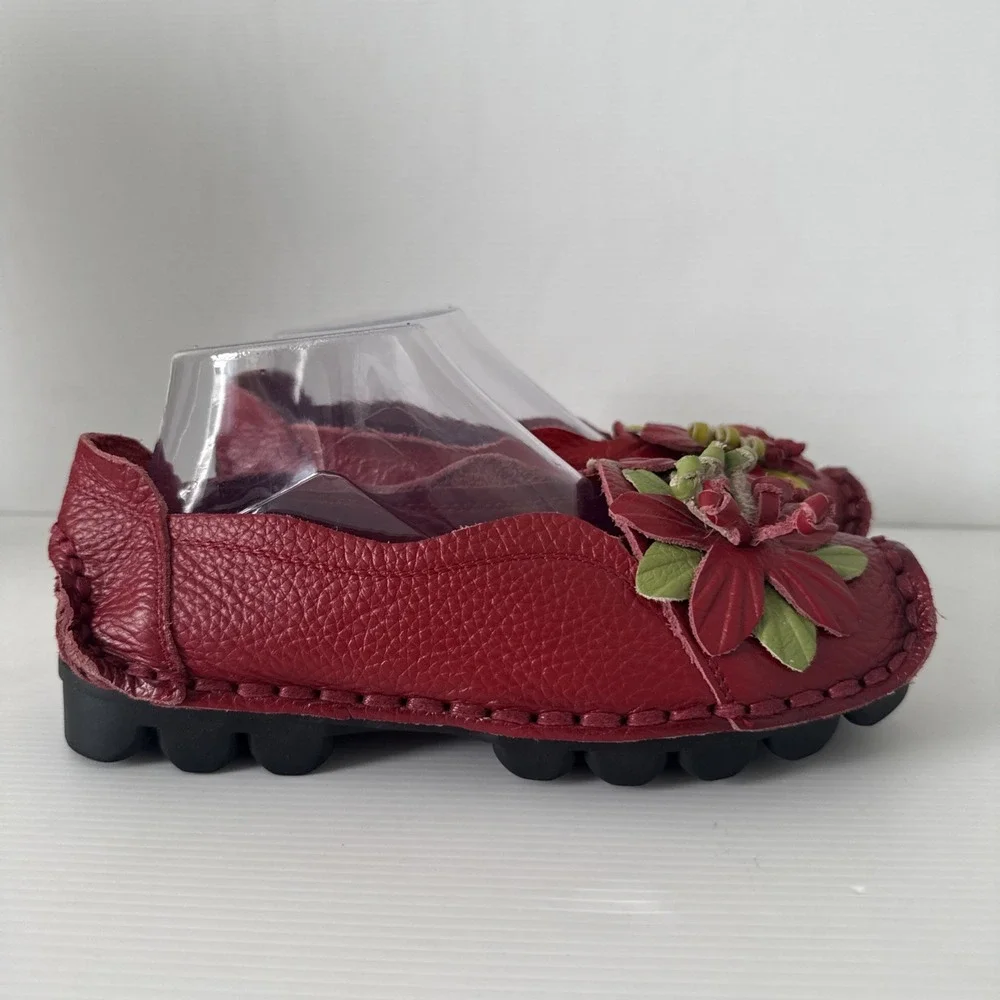 Socofy Platform Slip On Leather Loafer Red Womens 9 Handmade Shoes 255 Artsy
